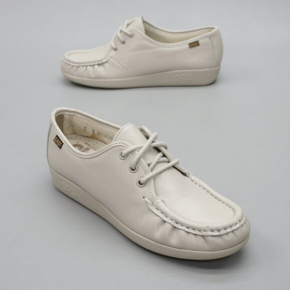 SAS Ladies 7 N Narrow Siesta Bone Leather Lace-up Moc-toe Oxford Wedge Shoes USA - Picture 1 of 12